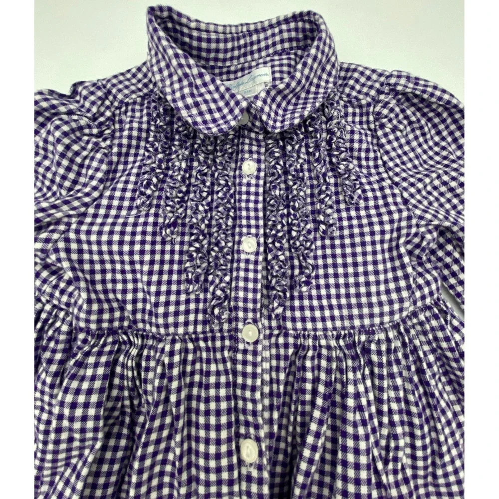 Ralph Lauren Purple Gingham Ruffle Front Cotton Dress 24M Toddler Girls Long Slv